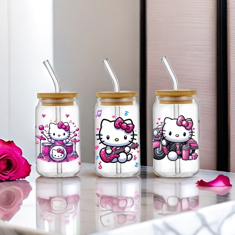 

4pcs Hello Kitty Uv Dtf Transfer Stickers, Diy Waterproof Sticker Cup Stickers For 16 Ounce Glass Coffee Cups