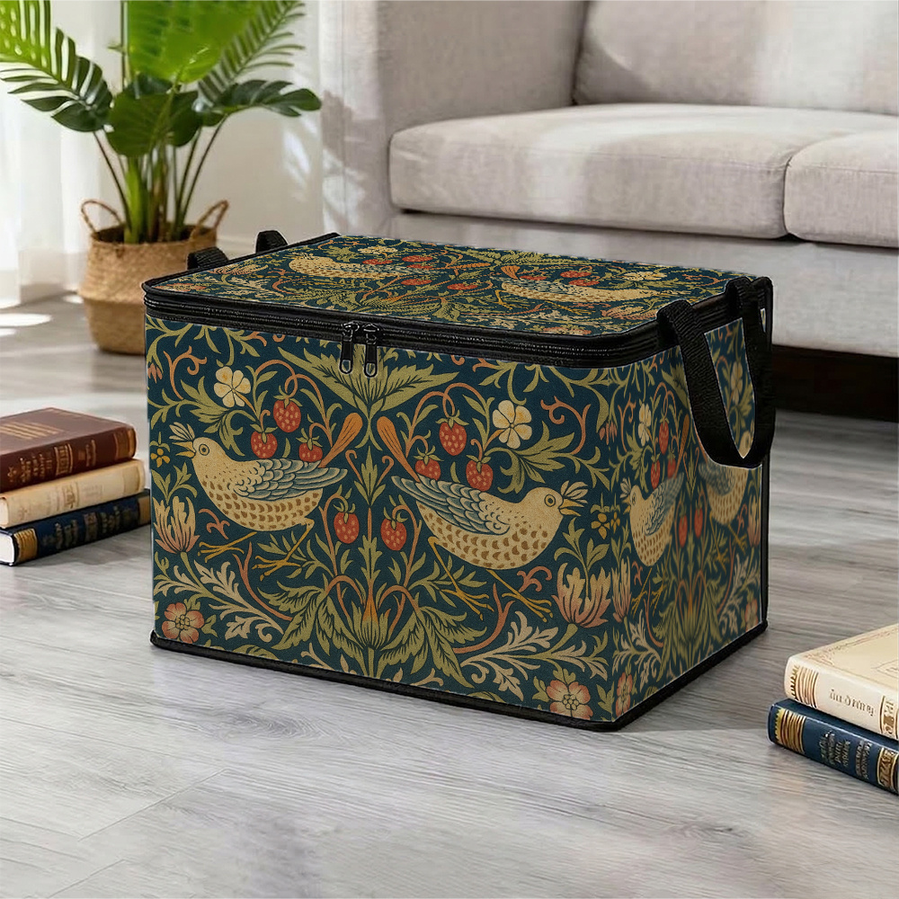 TEMU 1pc William Floral Floral Storage Bin With Lid - Bird Botanical Ornate Vintage Decorative Elegant Rectangular Basket, Suitable For, Bathroom,