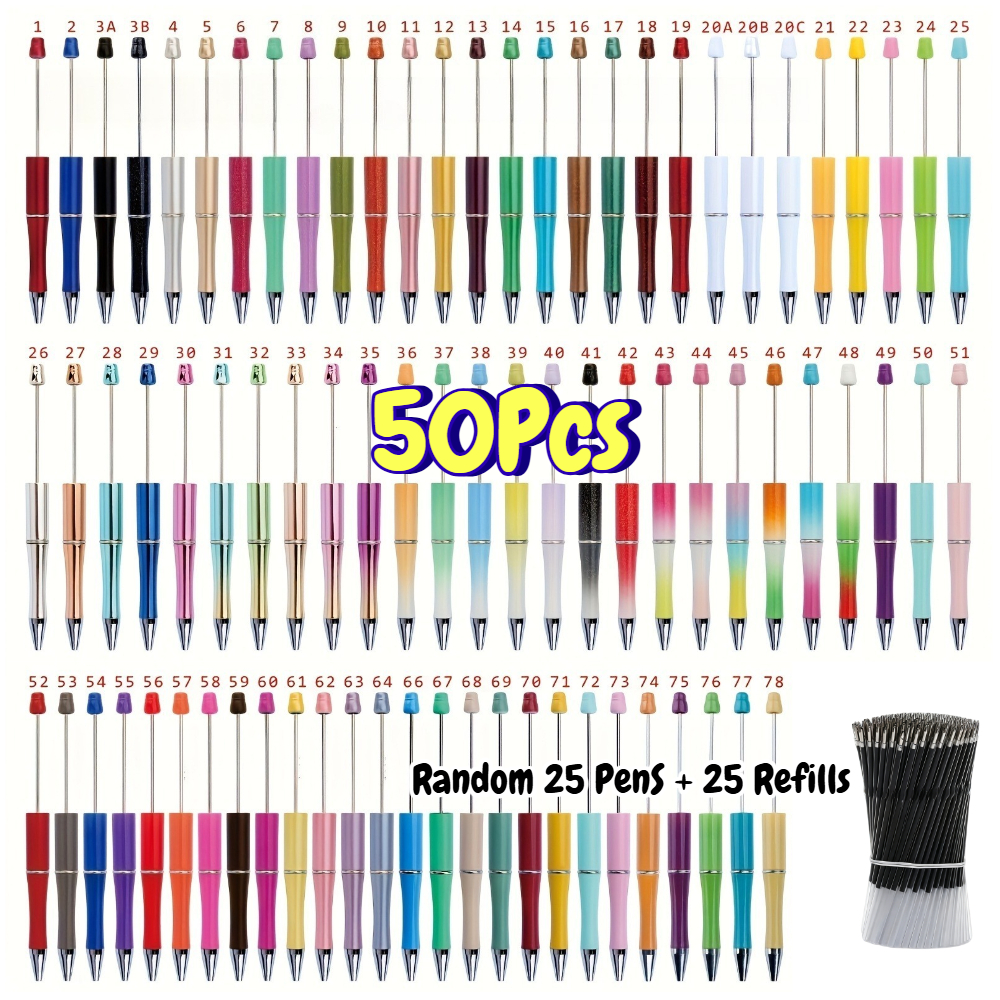 TEMU 50pcs 25pcs Random Color Beaded Pens + 25 Refills | Creative And Stylish Handmade Beaded Design, Smooth Writing For Daily Home And Office Use,