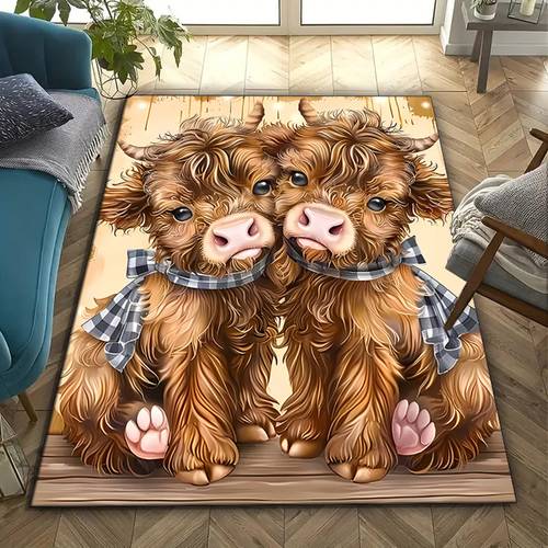 soft polyester farm yak printed area rug non slip vibrant design with checkered bow ties warm rustic decor for bedroom living room living room rug whimsical rug design durable floor covering