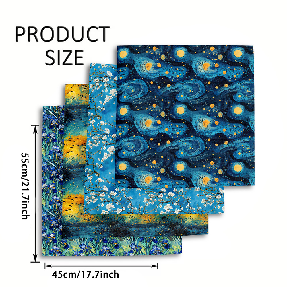 TEMU Lot de 4 pièces de tissu imprimé d' Gogh - (55x45cm/25x25cm) Tissu en polyester prédécoupé avec Nuit étoilée, Fleurs d' et Iris - Convient pour