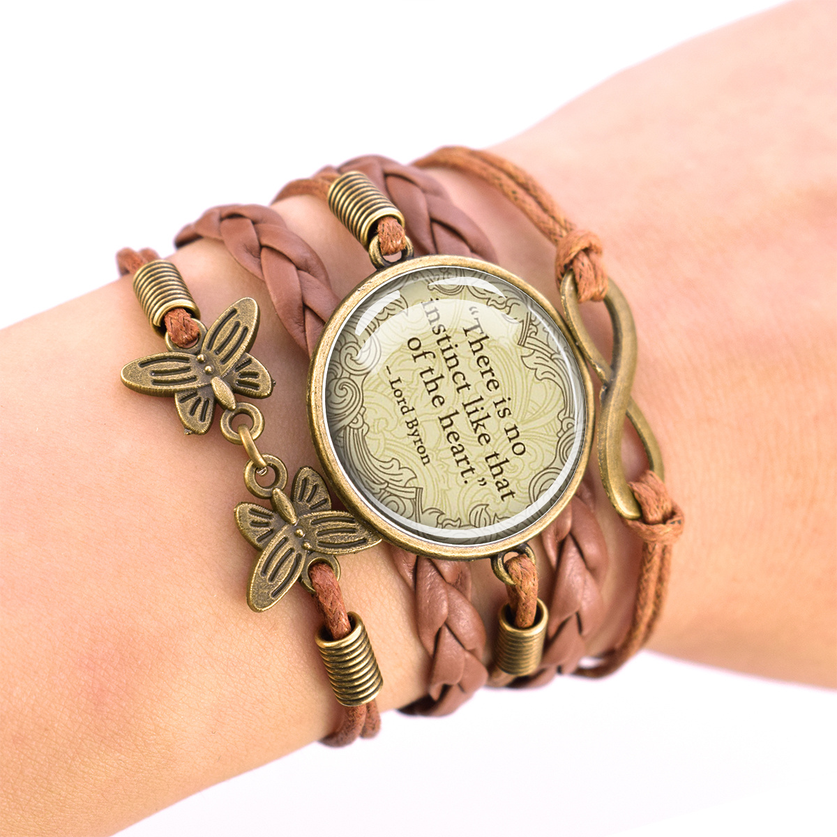 Adjustable Vintage Brown Bracelet with Dome Glass Inlay