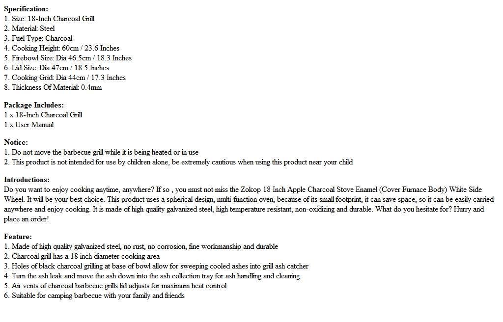 18-Inch Charcoal Grill with Enamel Finish - Portable Outdoor BBQ Stove, Food-Safe Metal, Black