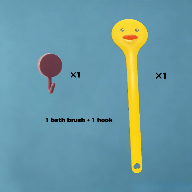 TEMU 2pcs Set. Includes: Yellow Duck Long-handle Bath Brush + 1 Macaron Hook (random Color). Soft Bristles, Cartoon Design, Durable Plastic