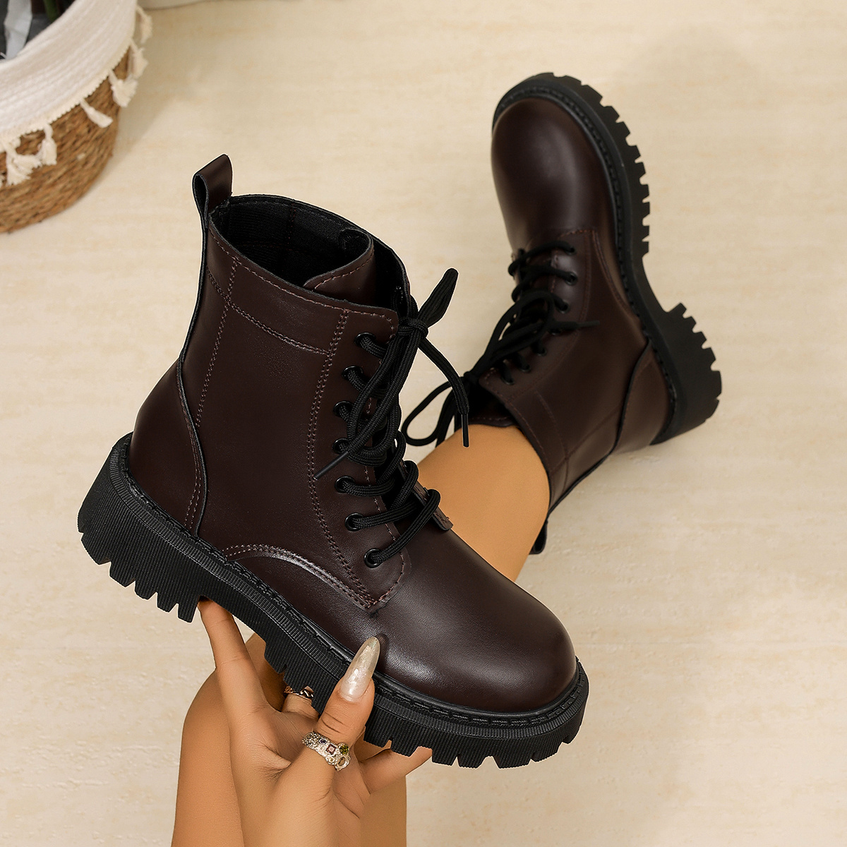TEMU Women's New Autumn/winter Chunky And Mid-heel Round-toe Solid Color Lace-up Ankle Boots, Fashionable, Elegant, Simple, And Versatile For Outdoor