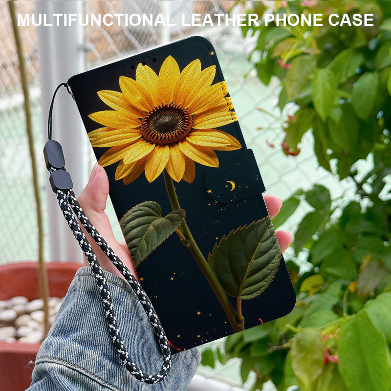 TEMU Phone Case - Sunflower Pattern Flip Cover Foldable Wallet Phone Case, With Card Slots, Magnetic Closure And Removable Lanyard, Suitable For Oppo