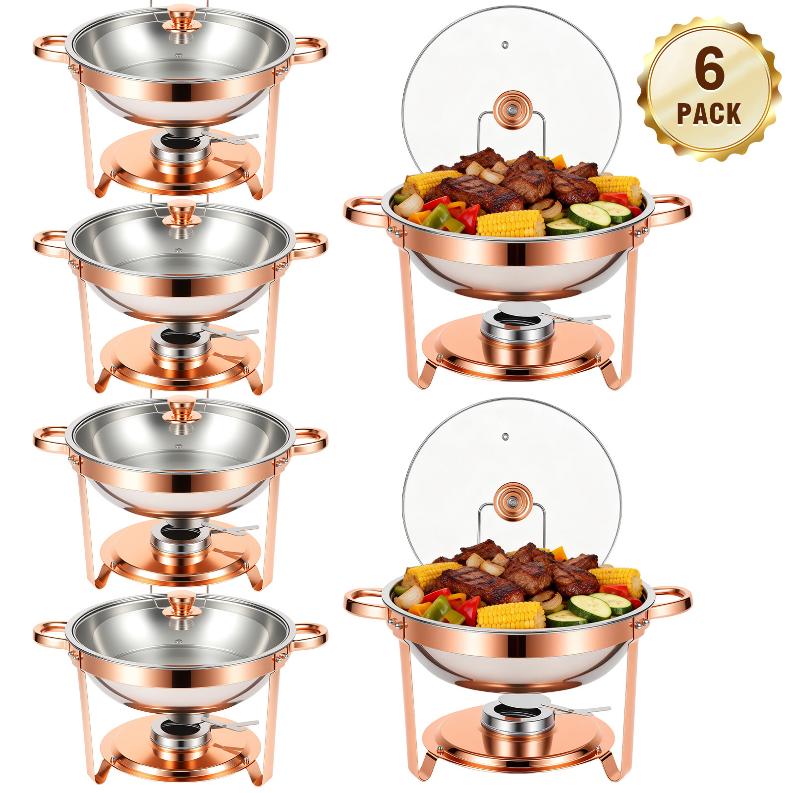 Image of 2/4/6 Pack Rose Golden Chafing Dishes For Buffet, 408 Stainless Steel Chafing Dish Buffet Set, Full Size Pan, Rolled- Food Warmers For Parties, Buffet, Wedding, Birthday, Camping, Cooking