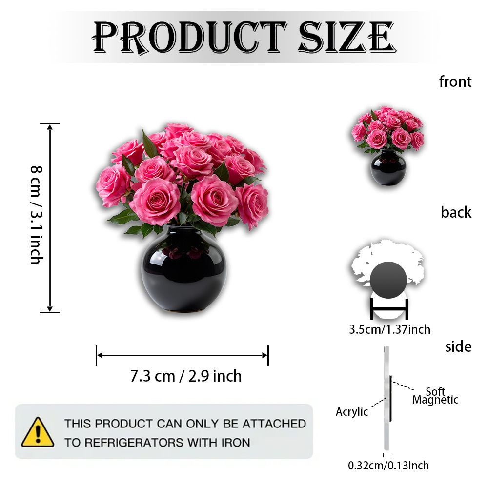 TEMU 1pc Acrylic Rose Bouquet With Vase & Greenery - Pink Flower Magnet Suitable For Home Decor, Refrigerator Magnets, Table Centerpiece For