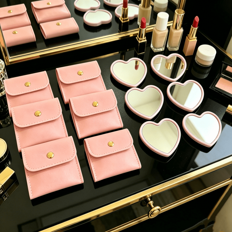 Travel 10pcs Heart-Shaped Portable Mirrors with Cosmetic Bags