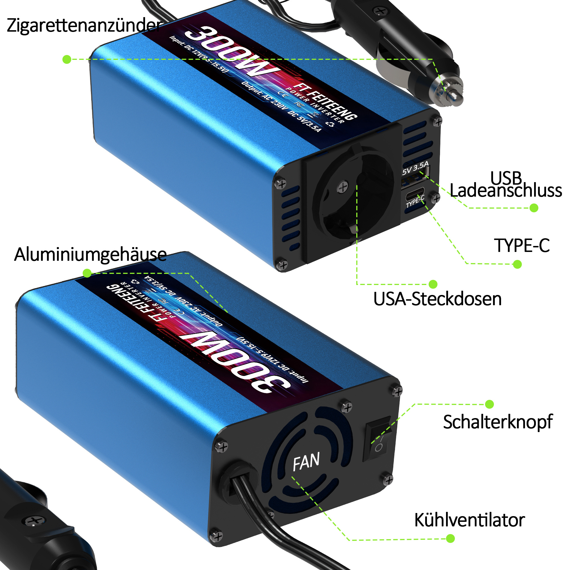 Prenosni menjalnik 300 W z dvojnimi USB vrati za hitro polnjenje in izbirnimi EU AC vtičnicami, lahko pretvori 12 V V AC, idealen za napajanje