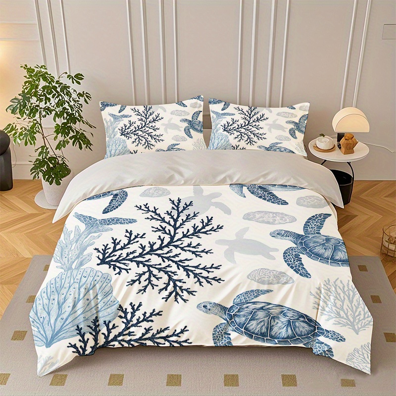 TEMU 2/3pcs, Navy Turtle Coral Print Duvet Cover Set, Which Includes A Duvet Cover And Pillowcases. Perfect For Bedrooms And Bedding Decoration,