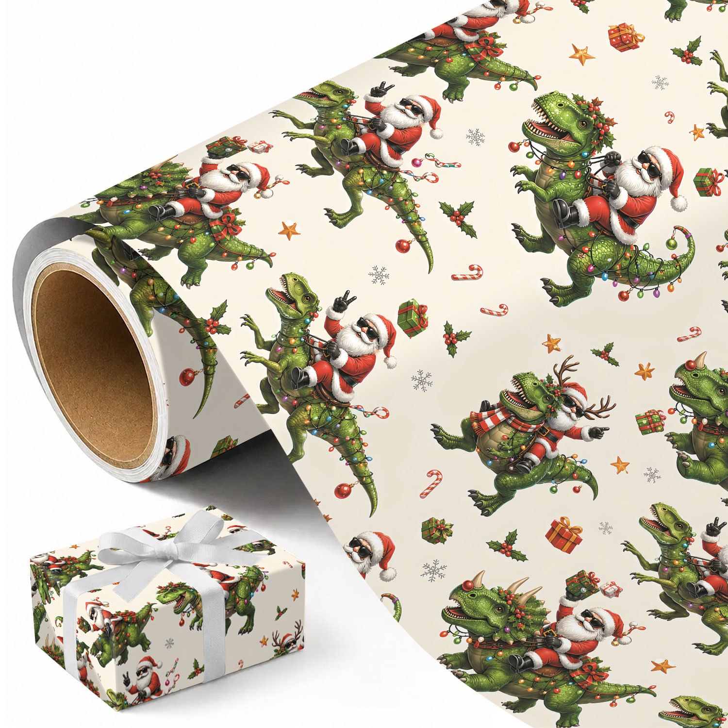 TEMU Rouleau de papier cadeau dinosaures de Noël - Mesure 17,7 pouces × 118 pouces, parfait pour emballer des cadeaux de Noël, réaliser des