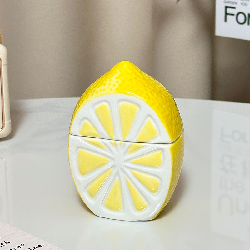 TEMU 1pc Cute Lemon Bathroom Organizer - Ceramic Storage Jar With Lid, Decorative Bathroom Countertop Organizer For Swabs, Dental Floss, Toothpicks -