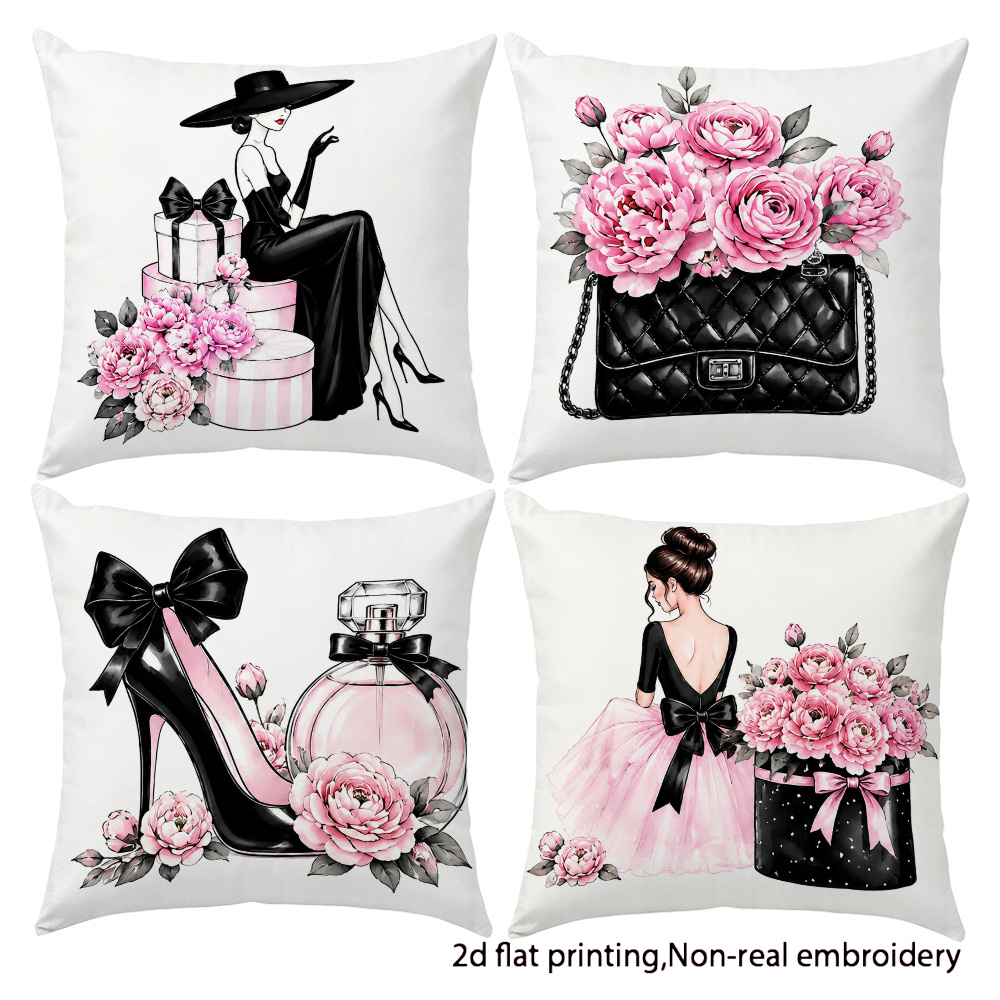 TEMU Set Of 4 Modern Light Luxury Pink-themed Decorative Pillowcases For Women, Featuring Perfume, High Heels, And Handbags. Printed In 2d Flat