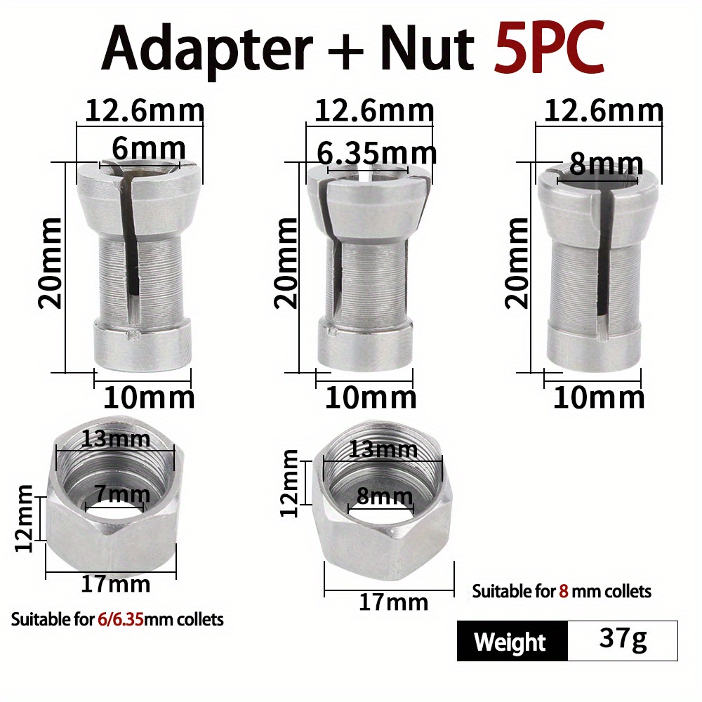 TEMU 8/5pcs Set Of Drill Adapter Kit - 1/4 Inch And 8mm Collet Extension Kit, Suitable For Routers And Engravers, Precision Woodworking Router Drill