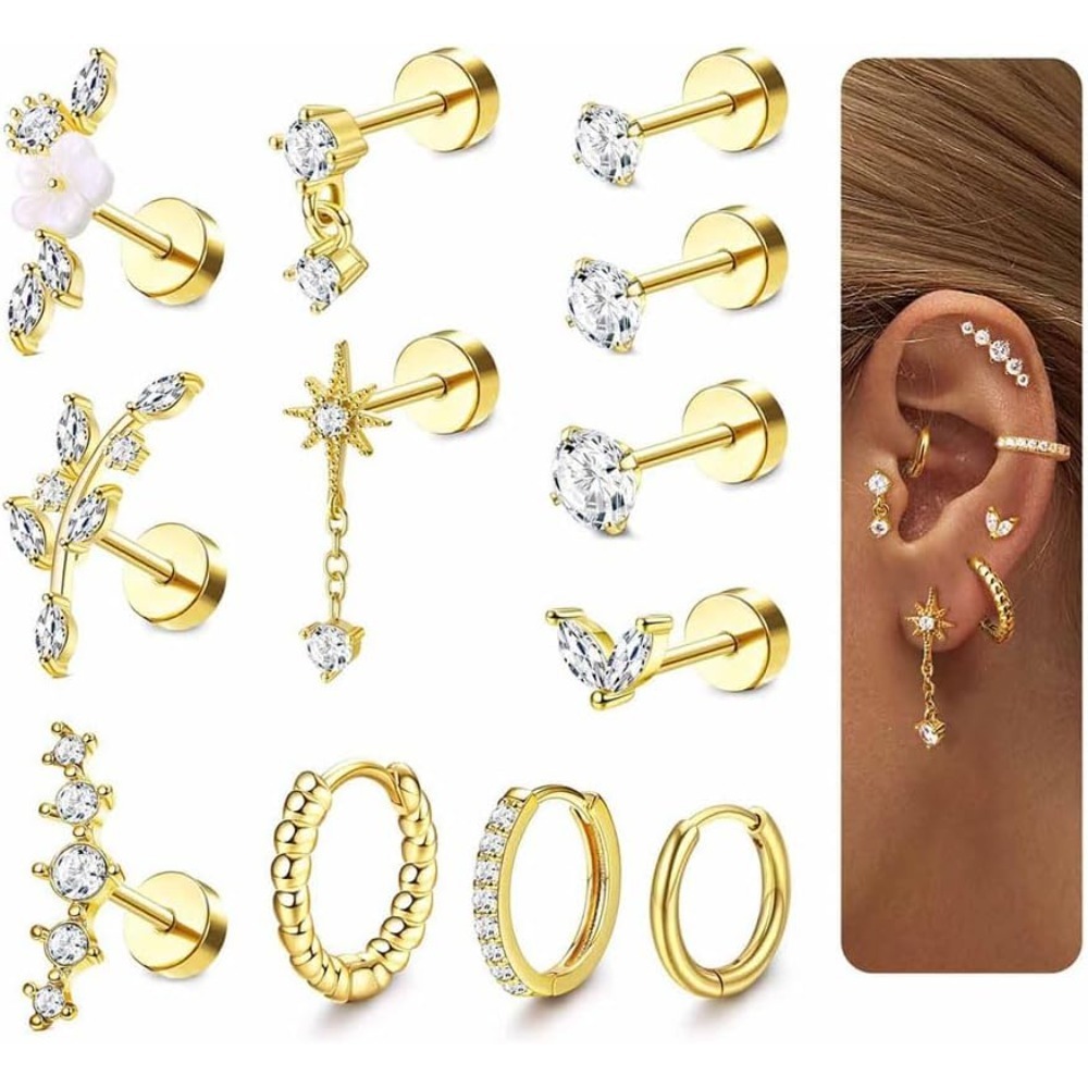 TEMU 2D-Flach, 12-tlg. Helix-Piercing-Schmuck-Set aus chirurgischem Stahl, Tragus-Ohrringe, Ohrstecker mit flacher Rückseite, Blumen-Ohrpiercing,