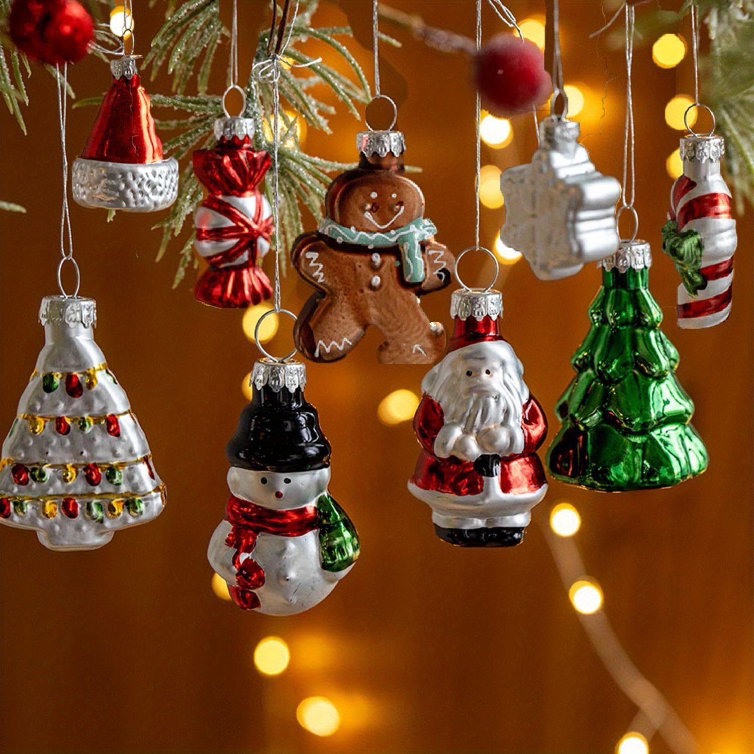 Image of Set Of 9 Glass Decorations For The Christmas Tree, Featuring Santa And Gingerbread Man Designs, Made -blown Glass.