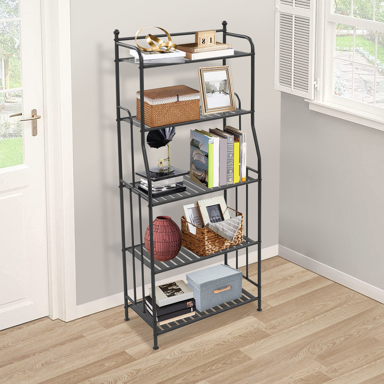 Image of Home Storage Rack, With 5-tier Space, Black Metal Material, For Garage Storage Rack, 33 Lbs Loading Capacity Each Tier, Adjustable Foot Pads, For Garage, Living Room, Study Storage And Organization