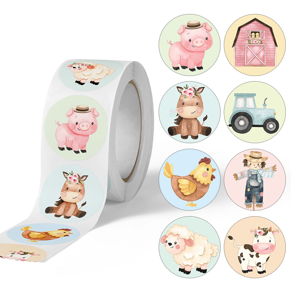 Image of A Roll Of 500 Stickers Featuring 8 Different Styles Of Farm Animals, Including Cows, Horses, And Sheep, Perfect For Gift Wrapping And Decorating For -themed Birthday Celebration