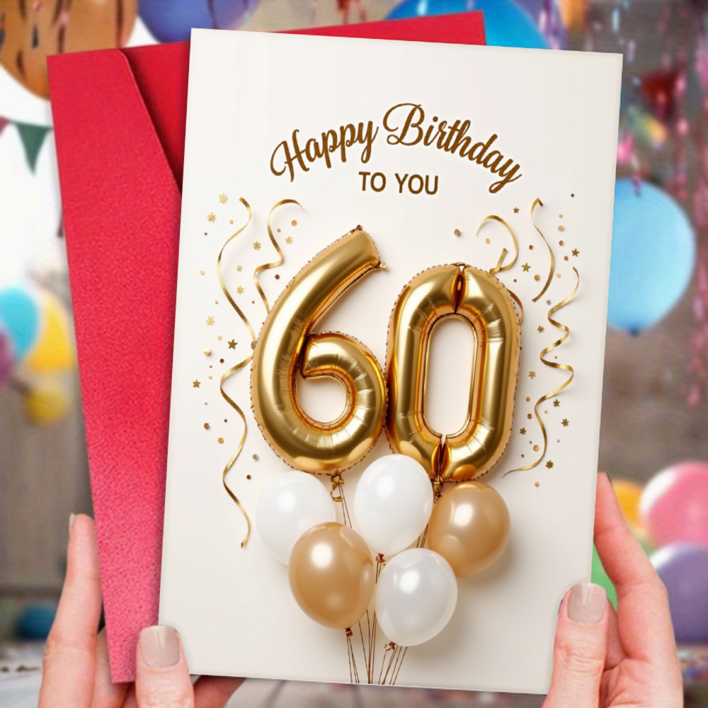E-shop 60. Geburtstag Karte mit Umschlag | Goldenes Ballon Design, Weißer Hintergrund, Glückwunschkarte für 60 Jahre Jubiläum Party Einladung
