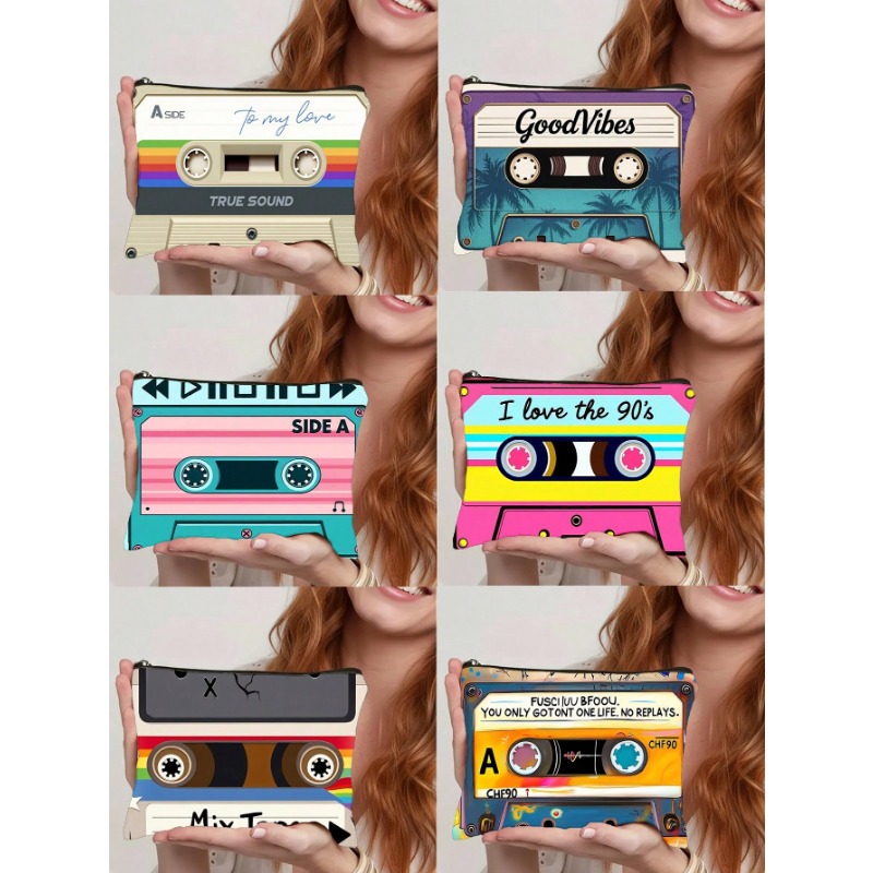 item picture 1pc retro cassette tape pattern cosmetic bag and toiletry bag multifunctional small item storage bag suitable for   travel essential toiletries   storage   used as   purse touch up bag makeup tool bag