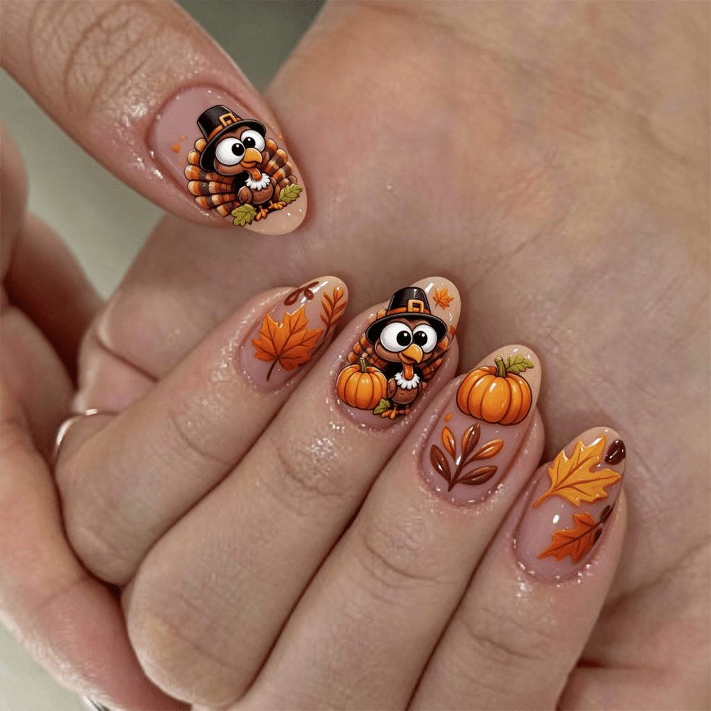 TEMU 48pcs Short Almond Press On Nails Suitable For Women - Fall Thanksgiving False Nails With Turkey, Pumpkin, Maple Leaf & Nude Transparent Glossy