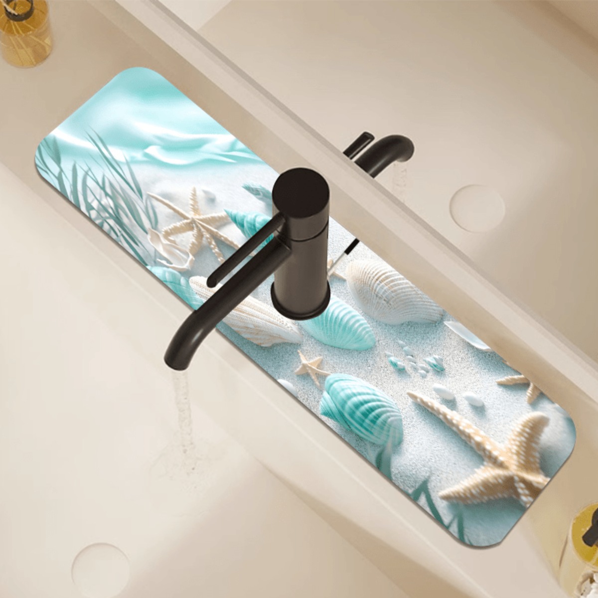 TEMU 2d 1pc Seashell Starfish Theme Faucet Mat, Tableware Drying Mat, Absorbent Pad, For Home Washbasin Kitchen Sink, Drainage Mat, Table Pad, Ideal