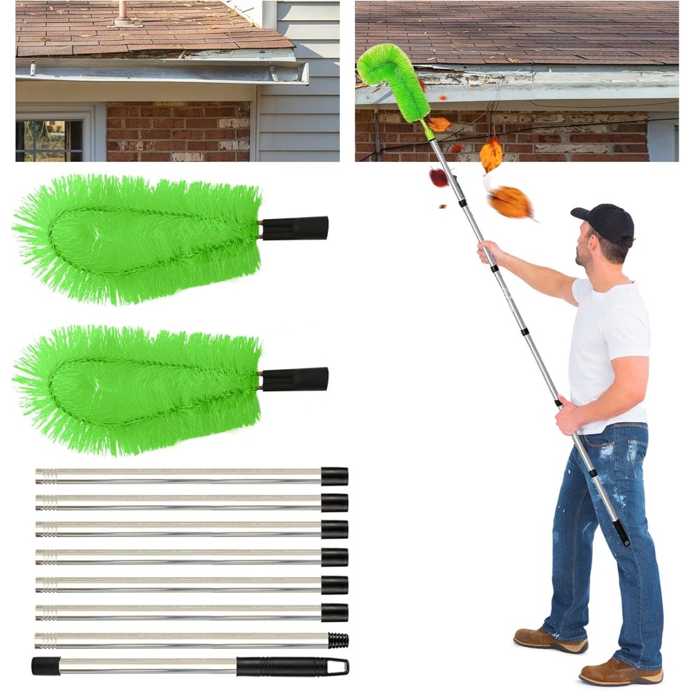 Power 10ft Gutter Cleaner Brush With 8 Section Telescoping Pole, Ground-based Operation For Leaves , Outdoor Home Tool For Window Cleaning Gutter Maintenance Exterior Use