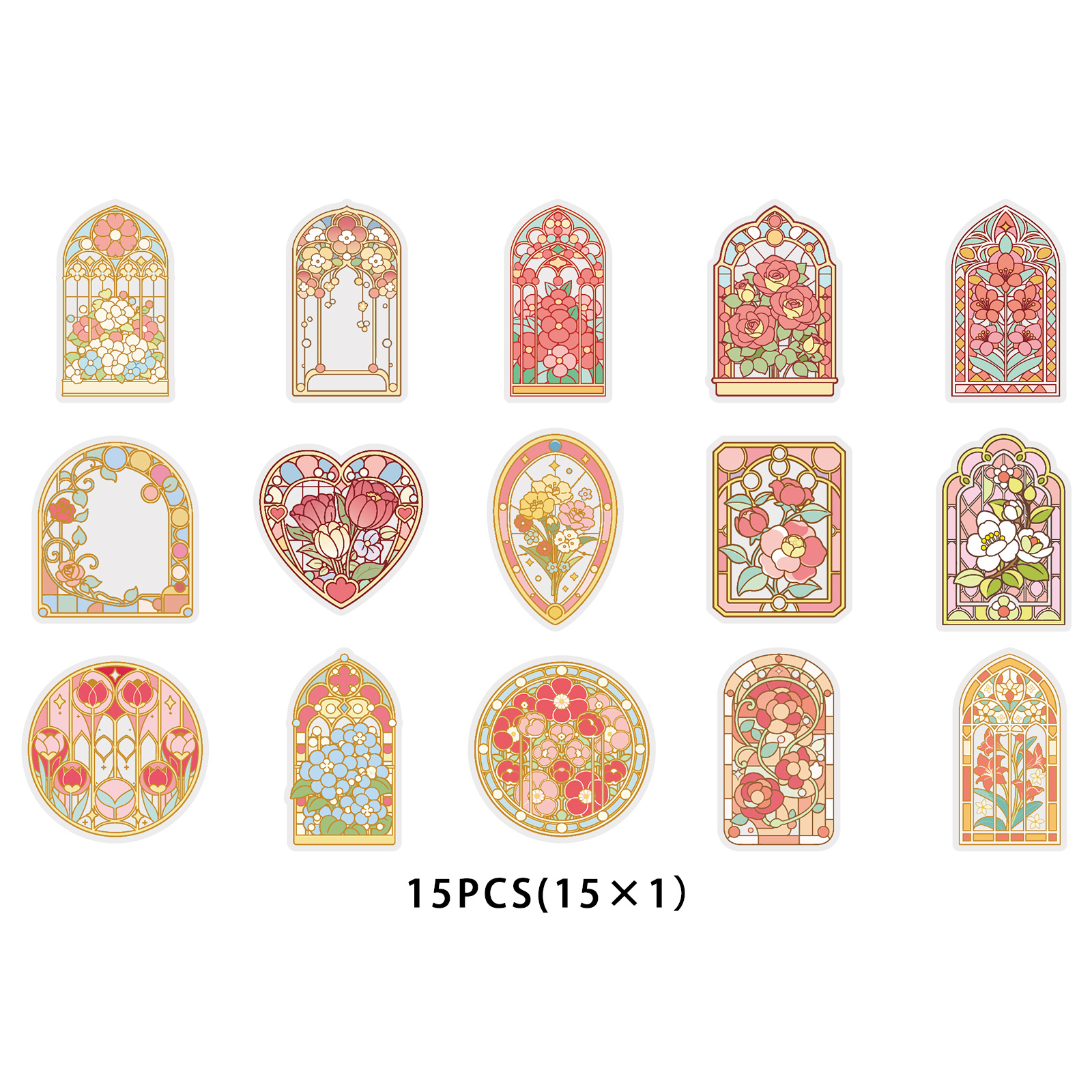 TEMU Life 15pcs Floral Glass Window Pattern Stickers Heart Oval Irregular Window Design Collage Material Suitable For Room Decoration, Laptop, Phone