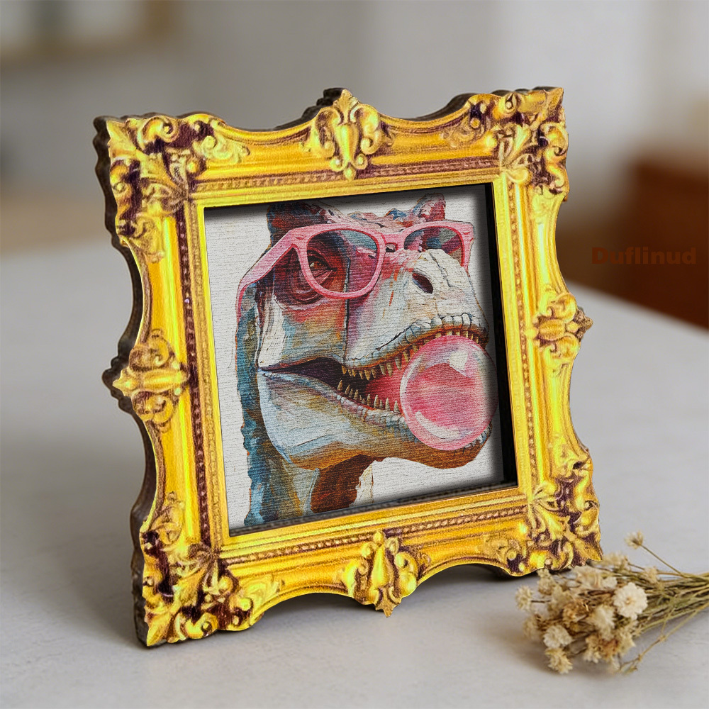 TEMU 1pc Duflinud Magnet Suitable Refrigerator Door Decoration, Vintage Oil Painting Dinosaur With Pink Glasses Blowing Bubble Gum, Wood Retro Fridge
