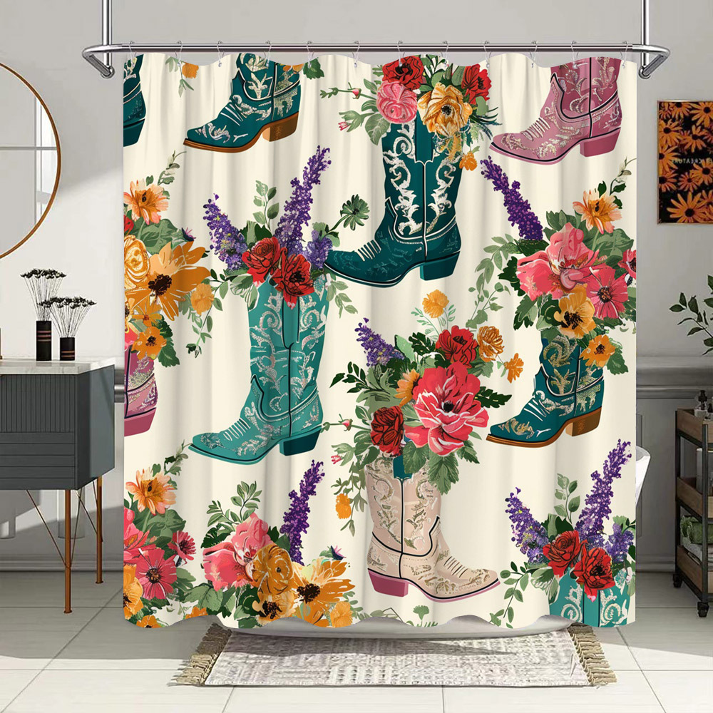 TEMU 1pc Floral Cowboy Boots Shower Curtain- Vibrant Polyester Fiber, Colorful Floral Embroidery, 12 Hooks, Western Theme Bathroom Decor, Bathroom Additions | Denim Style | Texture, Shower Curtain