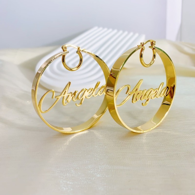TEMU Personalized Custom Name/number Hoop Earrings - Chunky Stainless Steel Hoops With Custom Text/numbers - Heavy-duty Fit For & - Elegant