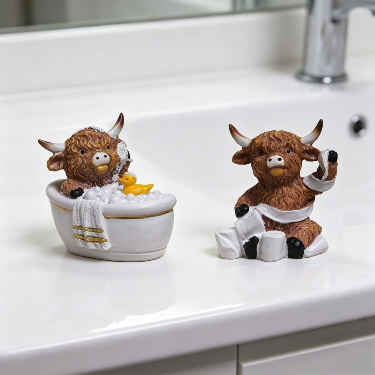 TEMU 2pcs Highland Cow Bathroom Decor Ornaments - Resin Farmhouse Cow Statues For Bathroom Countertop, Cute Cow Figurines For Toilet Shelf, Unique