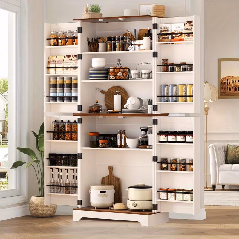 75" Freestanding Kitchen Pantry Storage Cabinet with 4 Barn Doors & Adjustable Shelves
