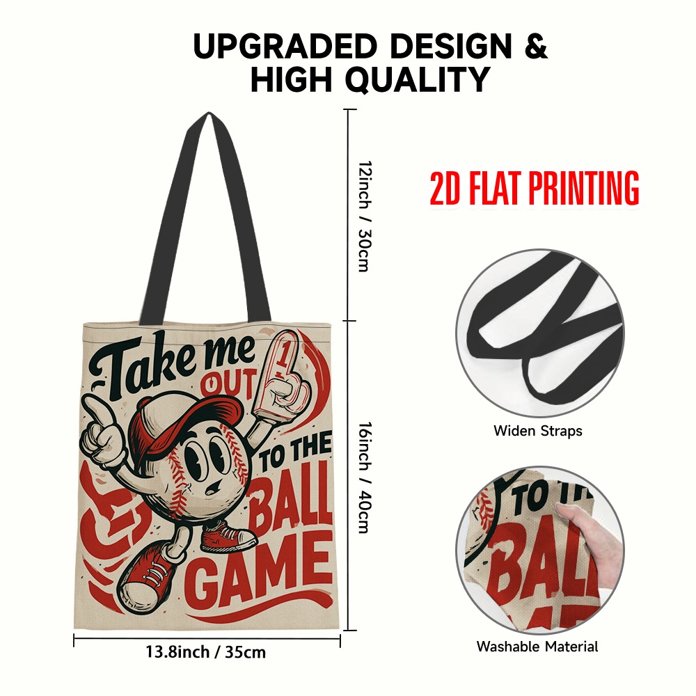 TEMU 1pc, (2D Plat) Sac en toile pliable imprimé de de baseball de dessin animé rétro, spacieux et léger, sac réutilisable, parfait pour le shopping