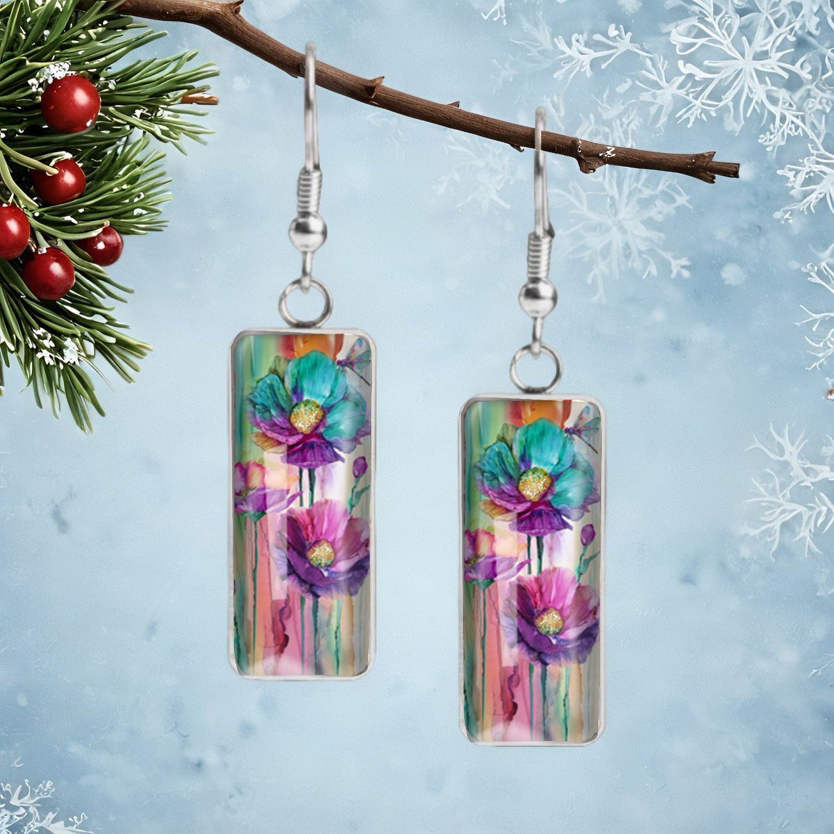 TEMU A Pair Of Elegant Rectangular Hook-style Earrings Featuring A Colorful Watercolor , Valentine's Day, Christmas, Anniversaries, And Birthdays