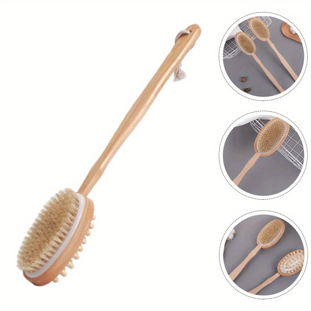 dual purpose long handled wooden back brush for scrubbing and exfoliating during showers   serves as a lotion applicator ideal for bathing Product details 1