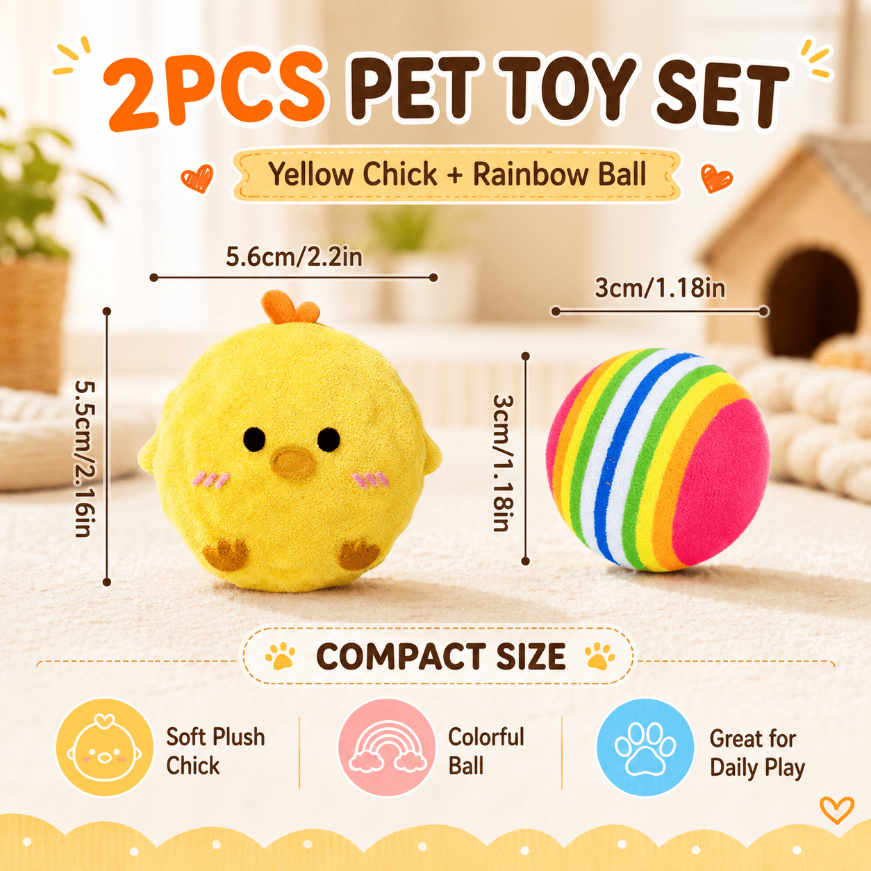 2pcs Set Yellow Chick Interactive Bouncing Squeaky Toy Ball
