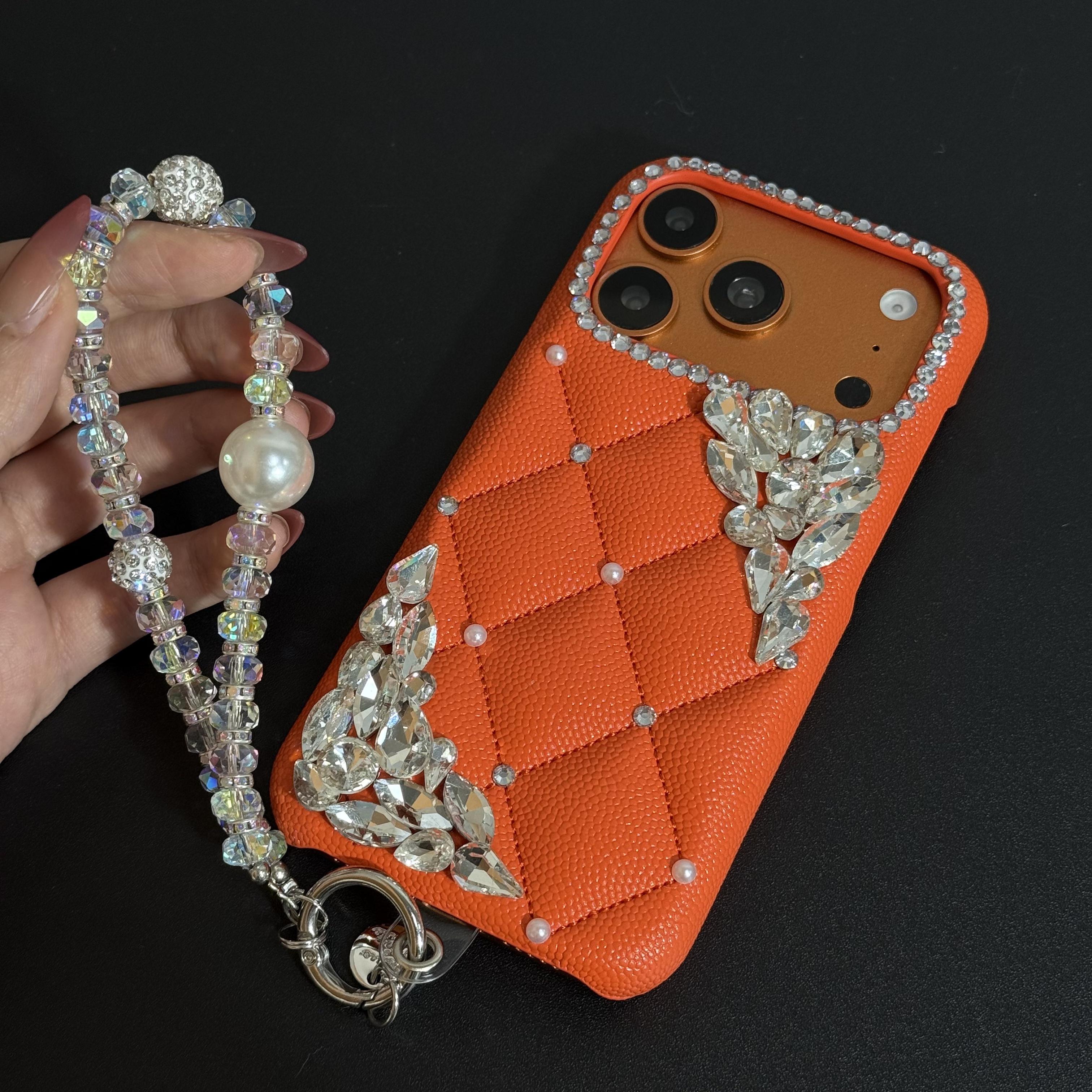 TEMU Phone Case: Orange And White Rhombus Rhinestone Phone Case With Strap, Suitable For Iphone 17 16 15 14 13 Pro Max, Premium Anti-drop Case For