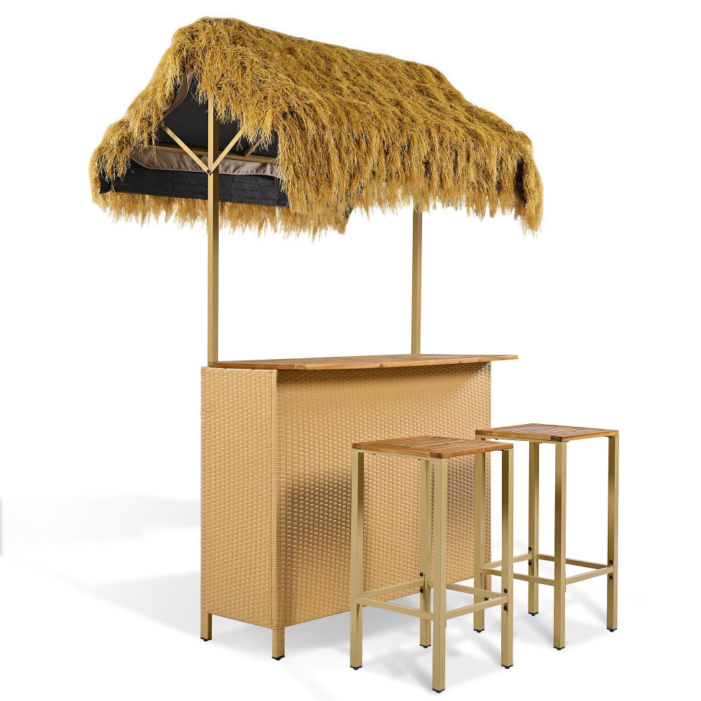Outdoor Bar Set with Grass Canopy, 2-Seat Patio Bar Table And Stools, Bar Height Outdoor Dining Set, Adjustable Feet Design, Built-In Storage Space, Tiki Bar Furniture for Backyard Poolside Garden Deck Porch Balcony