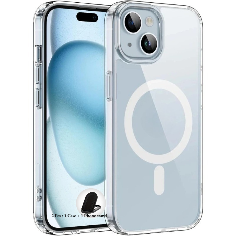 TEMU Phone Case: 2pcs: 1 Case + 1 Phone Stand Transparent Magnetic Phone Cover In A Design - Works With Wireless Charging Shockproof And Resistant To