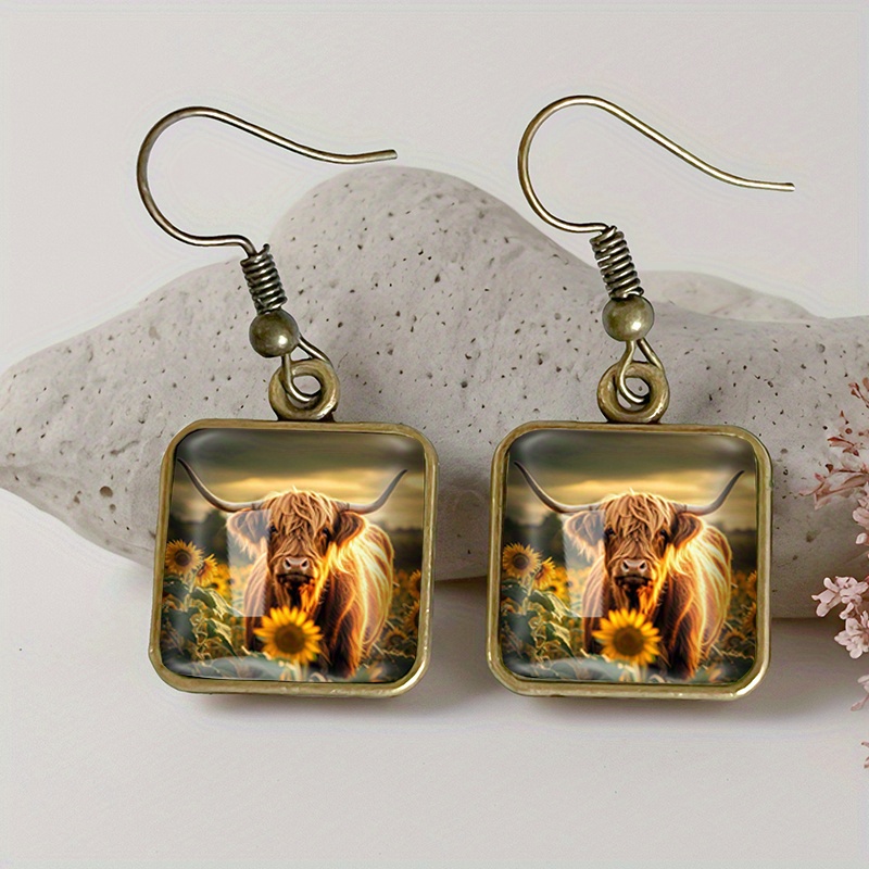 TEMU 1 Pair Sunflower Square Earring Retro Glass Dangle Earrings Handmade Jewelry Gift