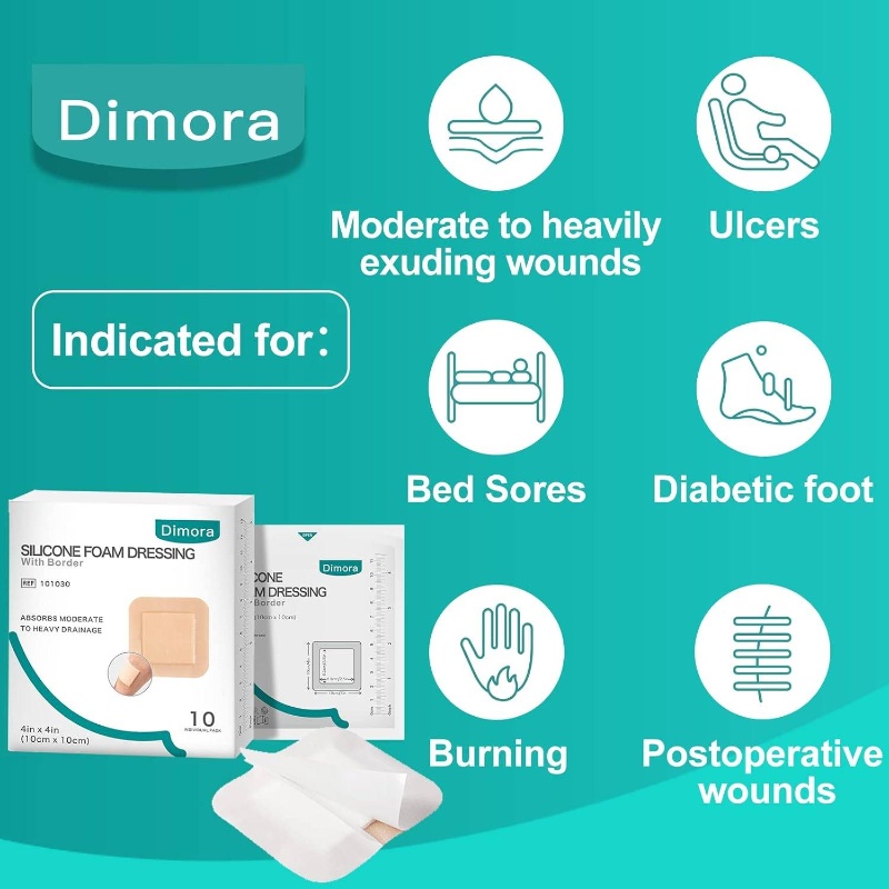 10 Pack Foam Dressing with Border Adhesive - Waterproof 4x4 Inch Wound Care, Heavy Drainage Absorbent Non-Woven Bandage, Individually Wrapped for Hygiene, 4x4cm Cut-to-Fit for Sensitive Light & Sensitive Wounds, Post-Surgery & Chronic Conditions - M