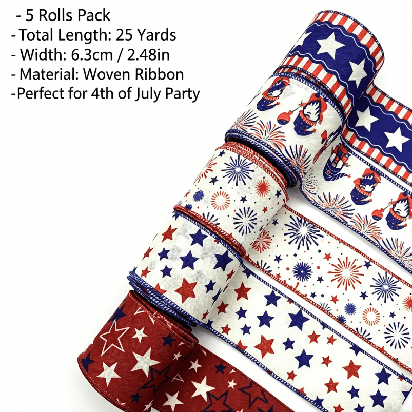 TEMU 25y Fireworks Wired Ribbon Set, 5 Rolls Star Gnome Woven Ribbon, Patriotic Decorations For Day Party Diy Crafts