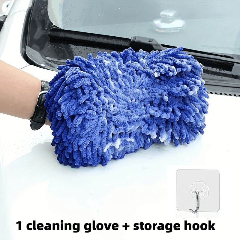 TEMU 2pcs Set: 1pc Cleaning Glove + 1pc Storage Hook, Super Absorbent Chenille Microfiber Car Wash Glove - Scratch-free, Super Absorbent Sponge,