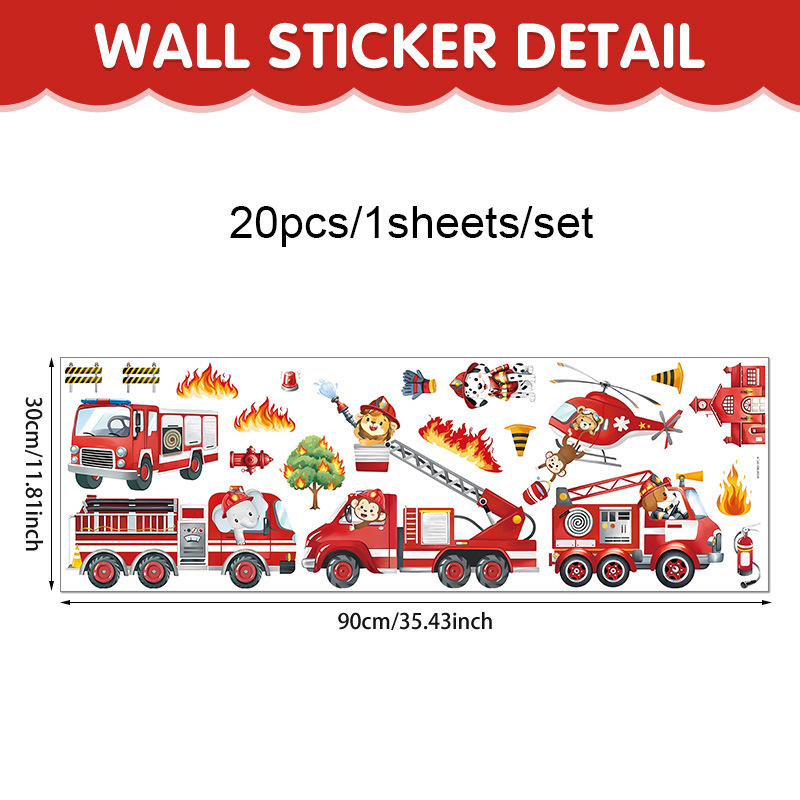 Image of Animal Fire Truck Wall Sticker, Self-adhesive Pvc Material For Boys' Bedroom, Living Room Wall Decal, Fun Rescue Theme, Removable Decoration, Vibrant Colors, Cute Design, Sticker