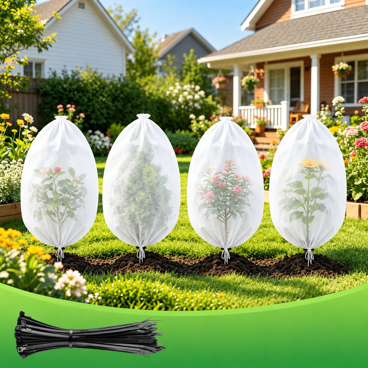 TEMU Lot de 4 housses de robustes contre le gel pour plantes avec 16 attaches, sacs de d'hiver épaissis pour plantes d'extérieur, housses