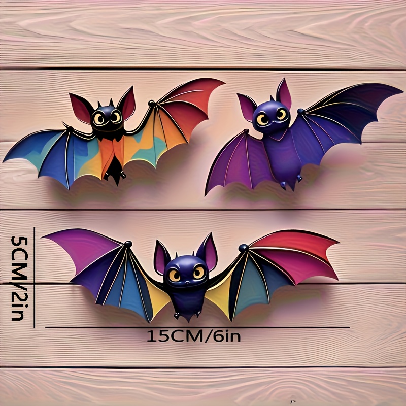 TEMU 2D-flache, 3-teilige Fledermaus-Wandkunst-Dekoration, geeignet für den Innen-/Außenbereich – Lebhafte blaue & rot-grüne Fledermaus-Skulpturen,