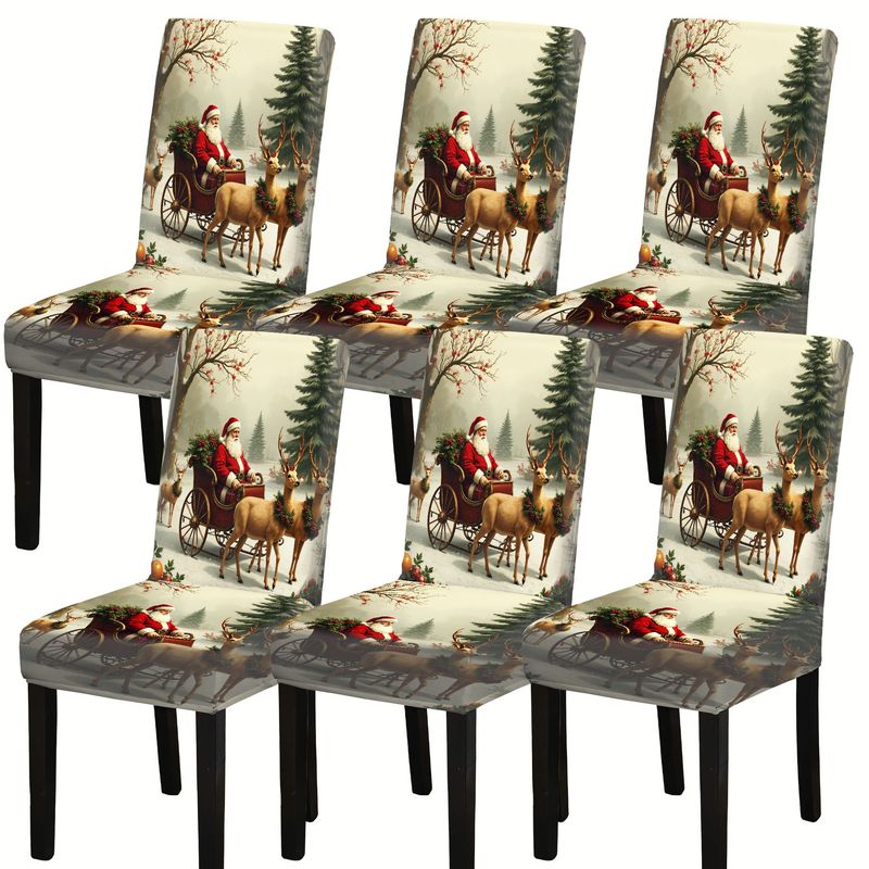 TEMU 4/6pcs Of Printed Elastic Chair Covers Featuring Santa Claus Driving Reindeer In A Snowy Scene, Perfect For A New Year Atmosphere Suitable For