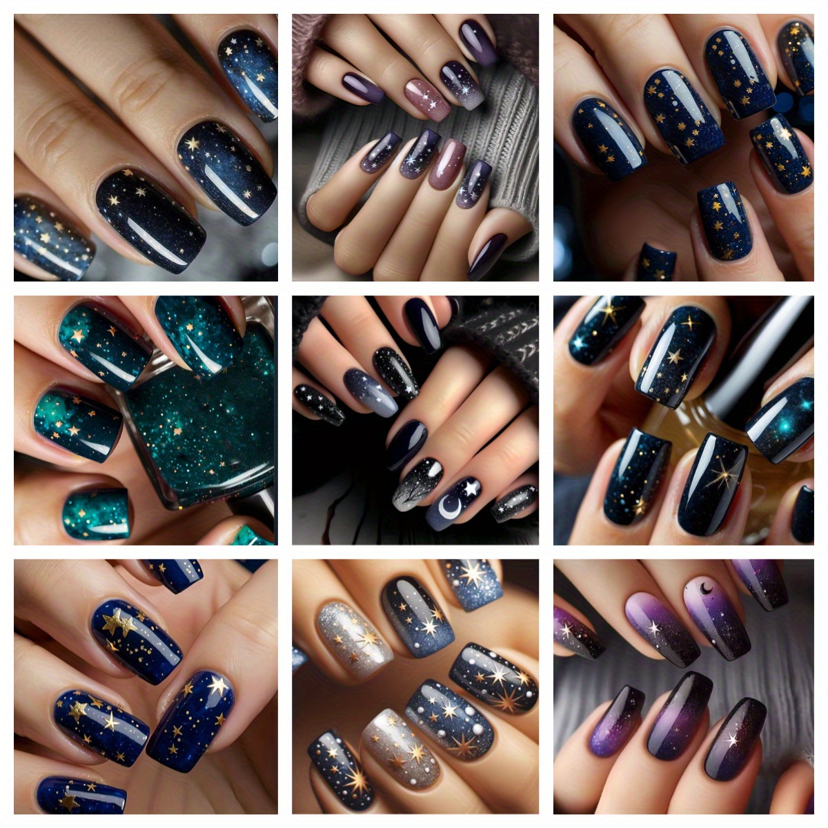 

9pcs Set 216pcs Middle Ramadan Black Moon Design Wearable Nails Gothic Style Fake Nails Purple Blue Wearable Nails Suitable For Women And Girls And Dating Removable Set With Jelly Glue And File